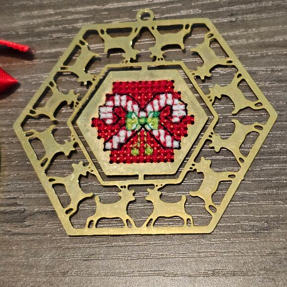 Vintage Cross Stitch Gold Accent Christmas Ornament Set 80s Candy Cane Tree Coke - Picture 5 of 9